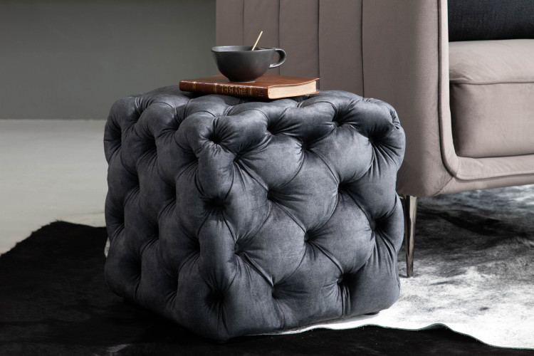 Barkley Velvet Tufted Cube Ottoman - Aged Mercury Ottomans - 1