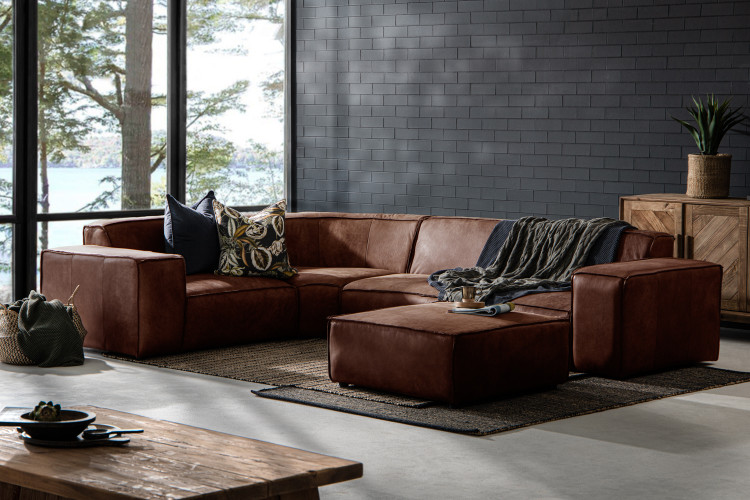 Jagger Leather Modular - Corner Couch With Ottoman - Spice Leather Corner Couches - 1