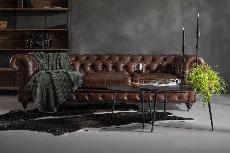Jefferson Chesterfield 3-Seater Leather Couch - Vintage Brown