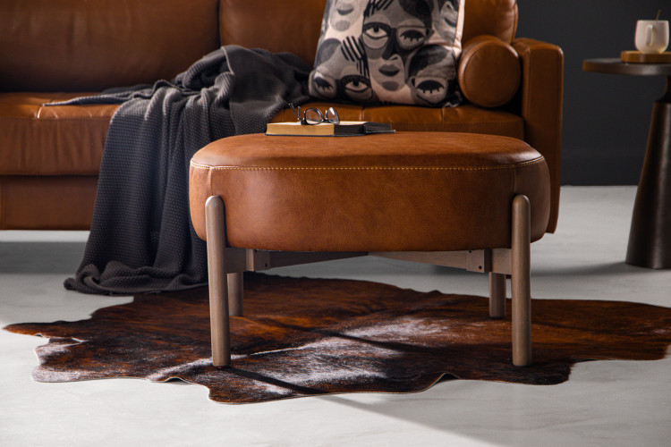 Prague Round Leather Ottoman - Vintage Tan Ottomans and Storage - 1