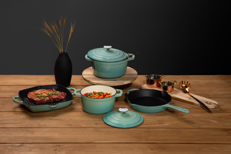 Nouvelle Cast Iron 6-Piece Grill Set - Misty Teal Nouvelle Cast Iron Sets - 1