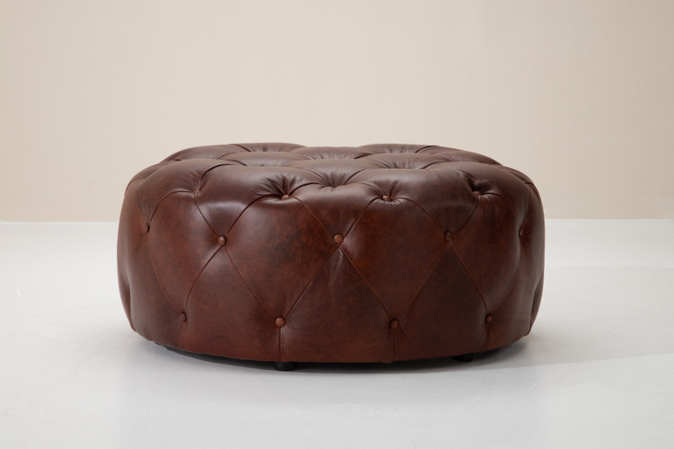 Amara Round Leather Ottoman - Chestnut Ottomans - 1