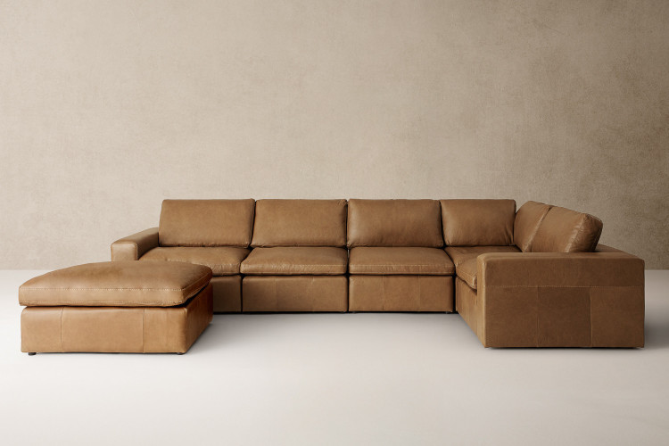 Bexley Leather Grand Corner Couch Set with Ottoman - Sahara Modular Couches - 1