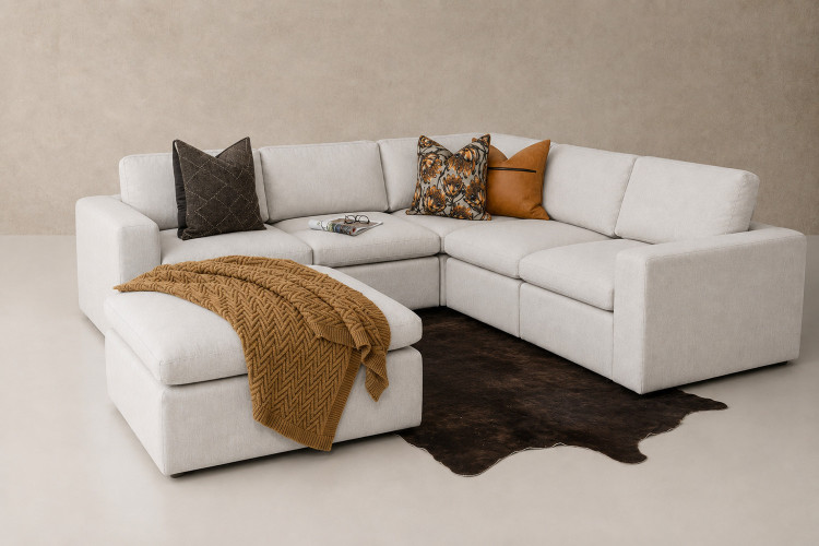 Bexley Leather Grand Corner Couch Set with Ottoman - Pearl Modular Couches - 1